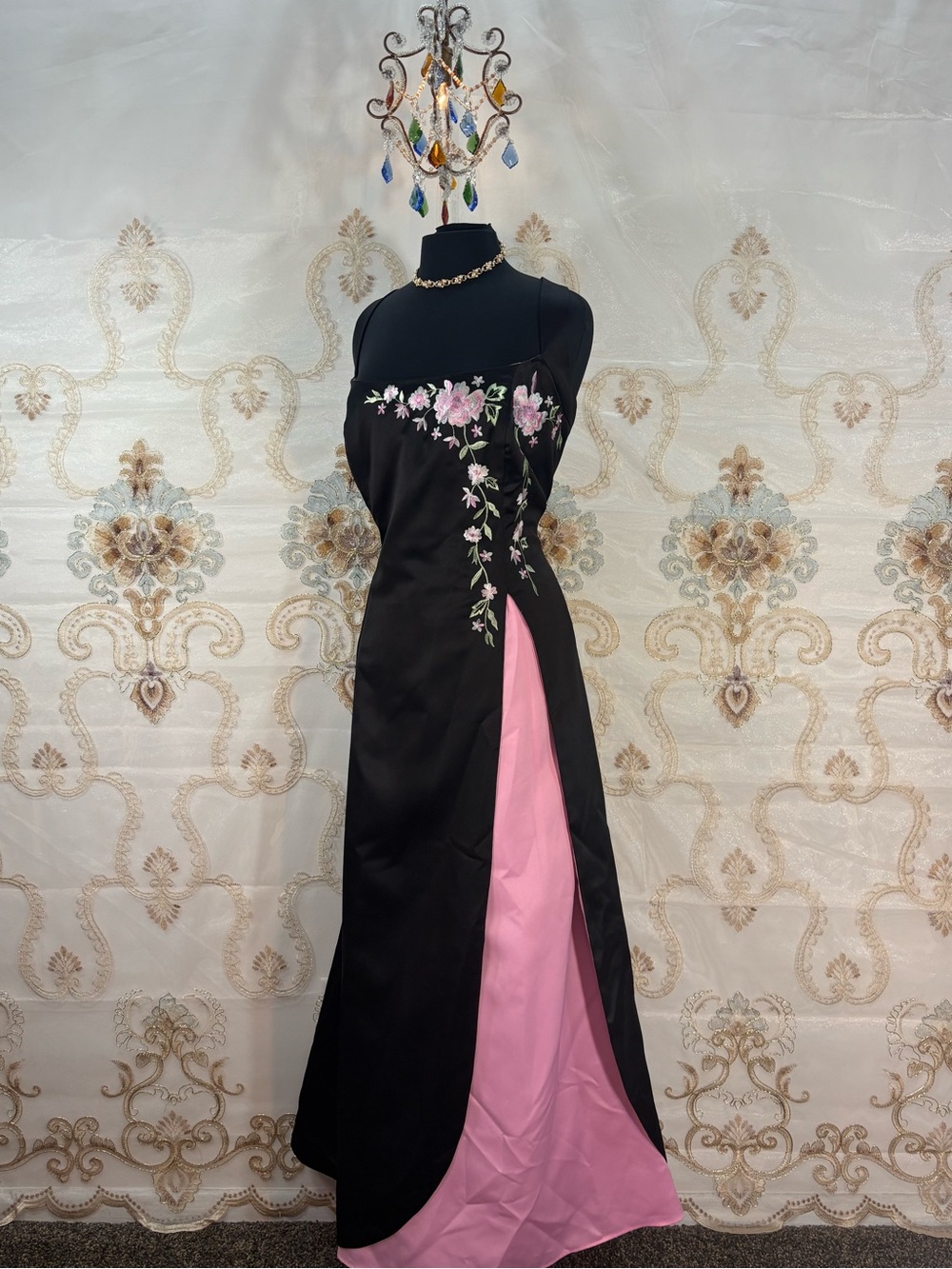 Onyx Nite Black Dress with Pink Floral Embroidery